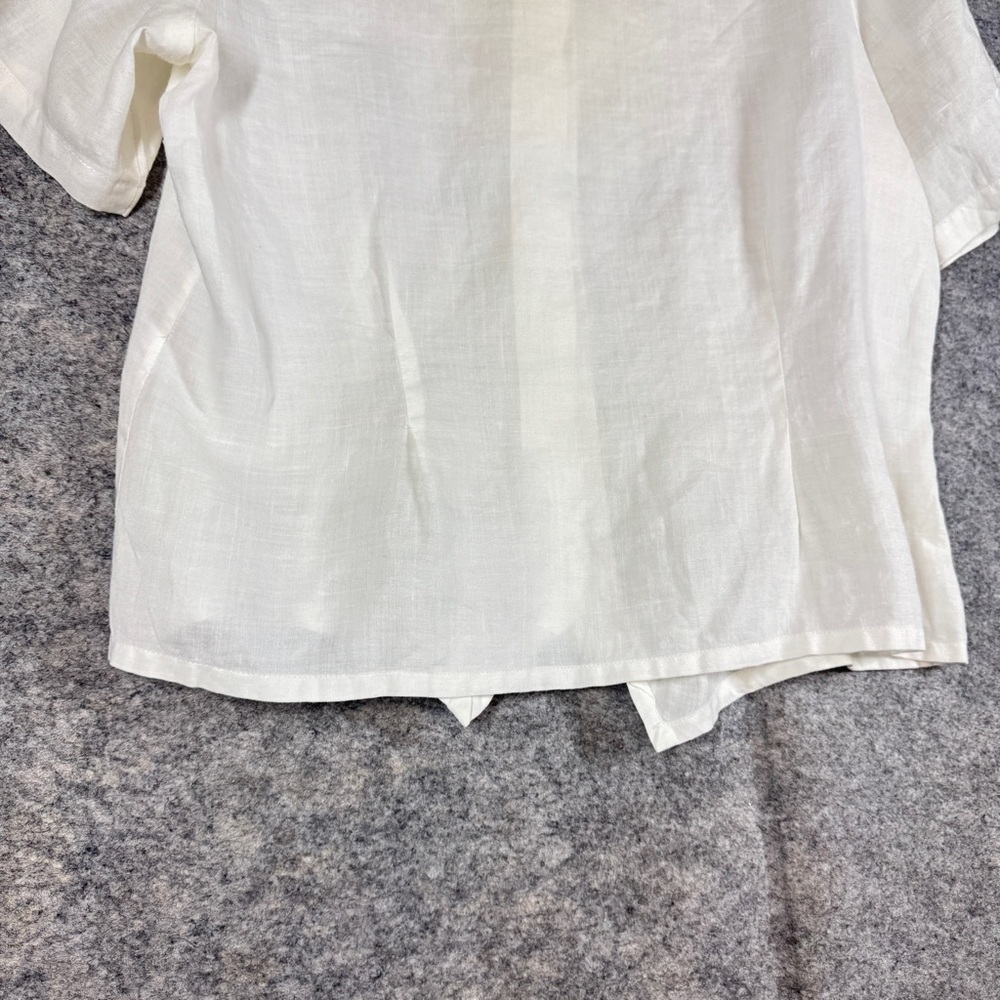 Vintage Ivory Linen Embroidered Button Blouse XL Short Sleeve Summer Cottagecore - Picture 15 of 16